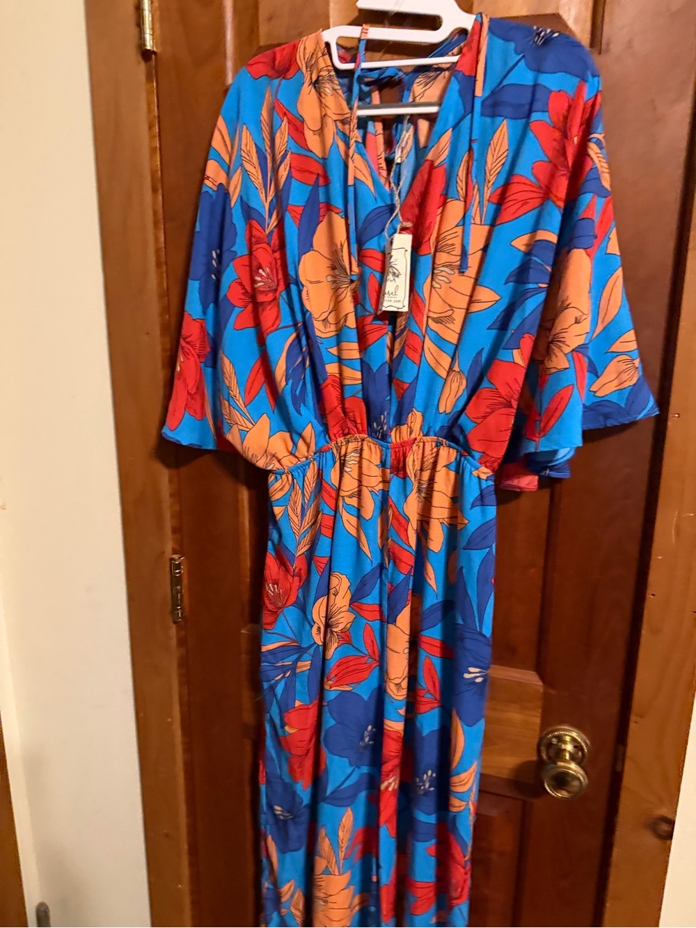 Easel Bright Blue Floral Jumpsuit with Red & Orange Blooms